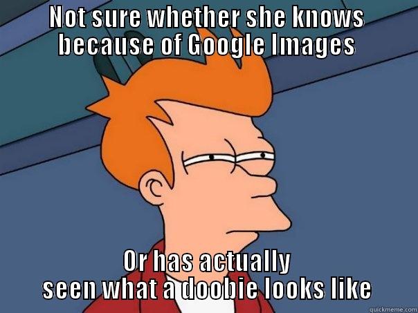 NOT SURE WHETHER SHE KNOWS BECAUSE OF GOOGLE IMAGES OR HAS ACTUALLY SEEN WHAT A DOOBIE LOOKS LIKE Futurama Fry
