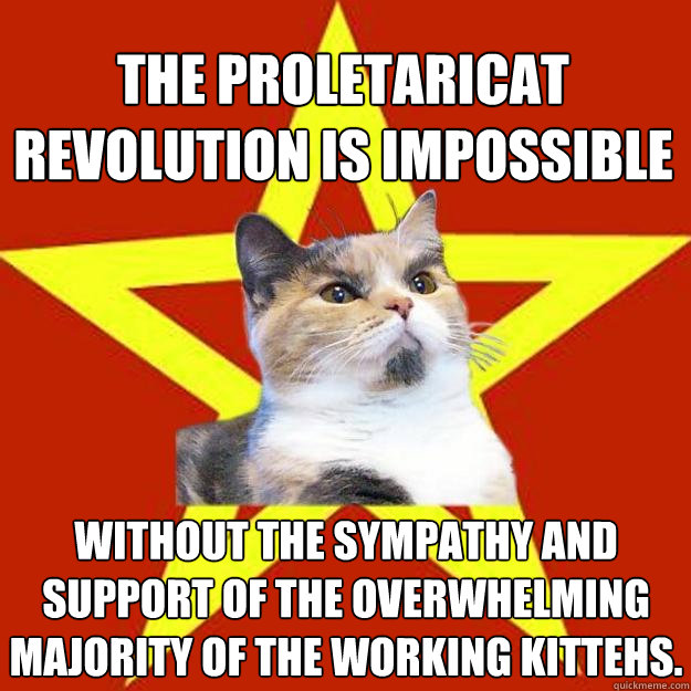 The proletaricat revolution is impossible  without the sympathy and support of the overwhelming majority of the working kittehs.  Lenin Cat
