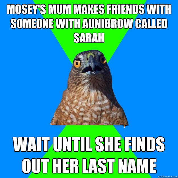 Mosey's mum makes friends with someone with aunibrow called Sarah  Wait until she finds out her last name  Hawkward