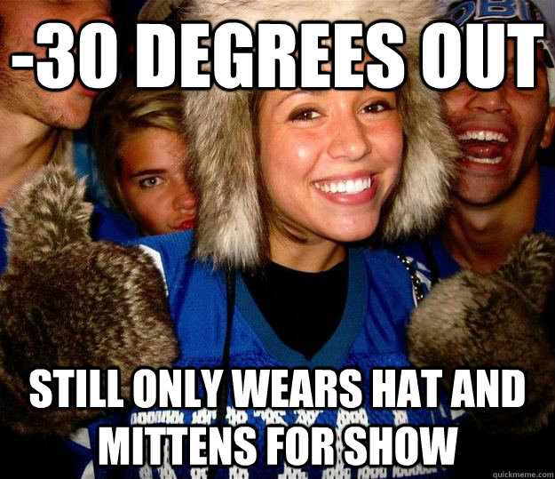 -30 degrees out still only wears hat and mittens for show - -30 degrees out still only wears hat and mittens for show  Minnesota Mel