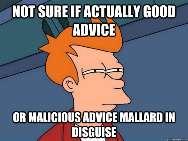 Not sure if actually good advice Or malicious advice mallard in disguise  Futurama Fry