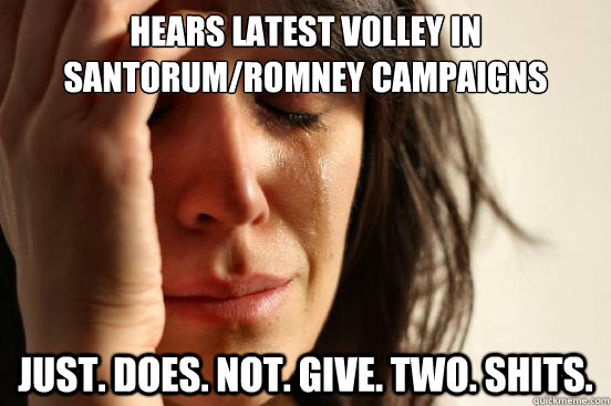 hears latest volley in Santorum/Romney campaigns Just. Does. Not. Give. Two. Shits.  First World Problems