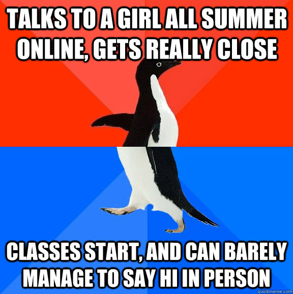 Talks to a girl all summer online, gets really close classes start, and can barely manage to say hi in person  Socially Awesome Awkward Penguin