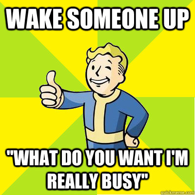 Wake someone up ''what do you want i'm really busy'' - Wake someone up ''what do you want i'm really busy''  Fallout new vegas