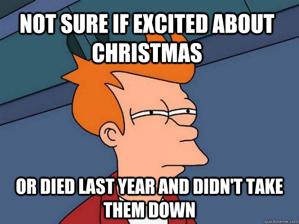 Not sure if excited about Christmas Or died last year and didn't take them down  Futurama Fry