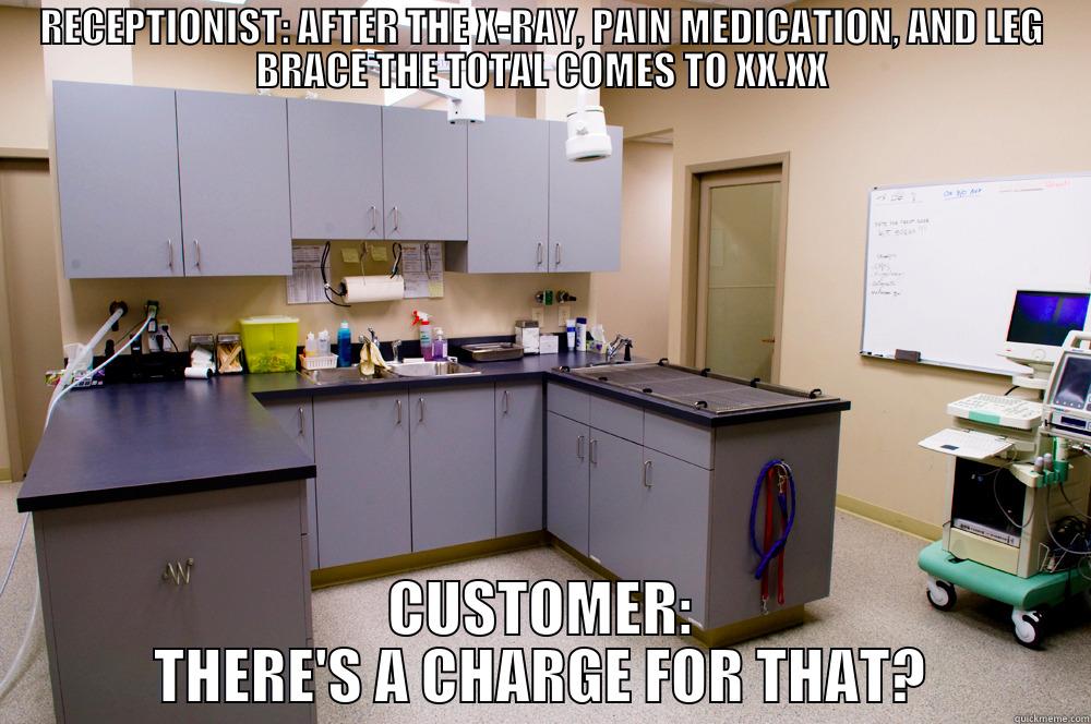 VET CLINIC - RECEPTIONIST: AFTER THE X-RAY, PAIN MEDICATION, AND LEG BRACE THE TOTAL COMES TO XX.XX CUSTOMER: THERE'S A CHARGE FOR THAT? Misc