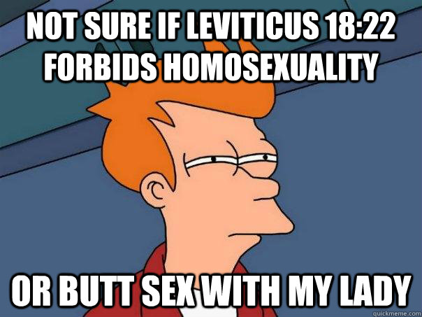 not sure if Leviticus 18:22 forbids homosexuality or butt sex with my lady  Futurama Fry