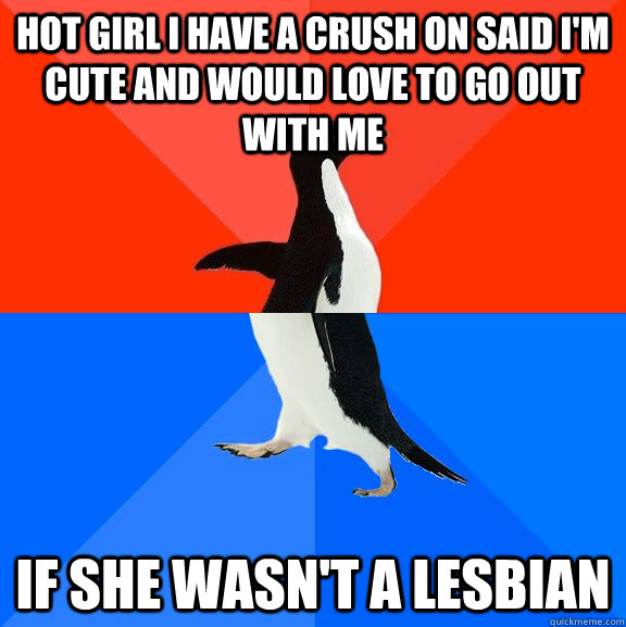 Hot girl I have a crush on said I'm cute and would love to go out with me If she wasn't a lesbian  Socially Awesome Awkward Penguin
