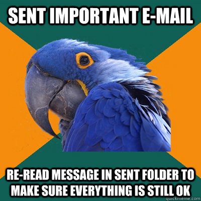 SENT IMPORTANT E-MAIL RE-READ MESSAGE IN SENT FOLDER TO MAKE SURE EVERYTHING IS STILL OK  Paranoid Parrot