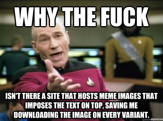 Why the fuck isn't there a site that hosts meme images that imposes the text on top, saving me downloading the image on every variant.  Annoyed Picard HD
