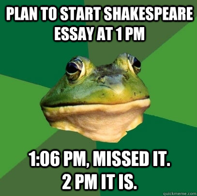Plan to start Shakespeare essay at 1 PM 1:06 PM, missed it.            2 PM it is.  Foul Bachelor Frog