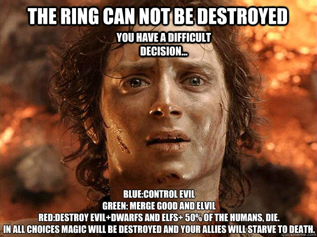 The ring can not be destroyed Blue:Control Evil
Green: Merge Good And Elvil
Red:Destroy Evil+dwarfs and elfs+ 50% of the humans, die.
In all choices magic will be destroyed and your allies will starve to death.
 You have a difficult decision... - The ring can not be destroyed Blue:Control Evil
Green: Merge Good And Elvil
Red:Destroy Evil+dwarfs and elfs+ 50% of the humans, die.
In all choices magic will be destroyed and your allies will starve to death.
 You have a difficult decision...  Finished Frodo