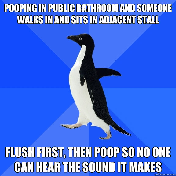 Pooping in public bathroom and someone walks in and sits in adjacent stall Flush first, then poop so no one can hear the sound it makes  Socially Awkward Penguin