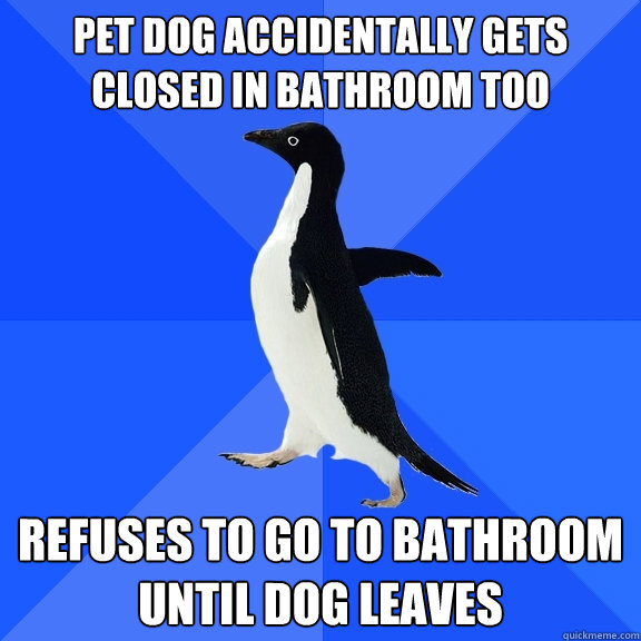 pet dog accidentally gets closed in bathroom too refuses to go to bathroom until dog leaves  Socially Awkward Penguin
