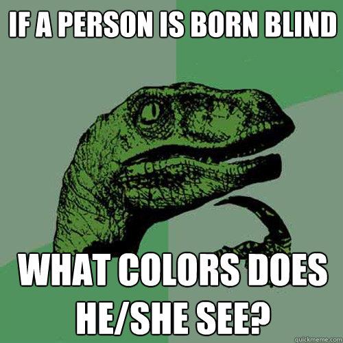 If a person is born blind what colors does he/she see? ...  Philosoraptor