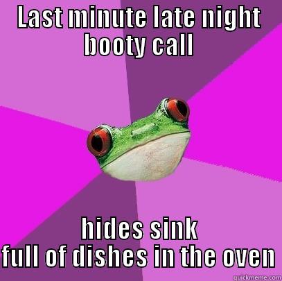 LAST MINUTE LATE NIGHT BOOTY CALL HIDES SINK FULL OF DISHES IN THE OVEN Foul Bachelorette Frog