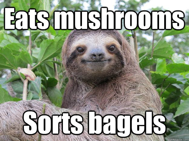 Eats mushrooms Sorts bagels - Eats mushrooms Sorts bagels  Stoned Sloth