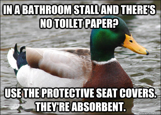 In a bathroom stall and there's no toilet paper? Use the protective seat covers. They're absorbent.  Actual Advice Mallard