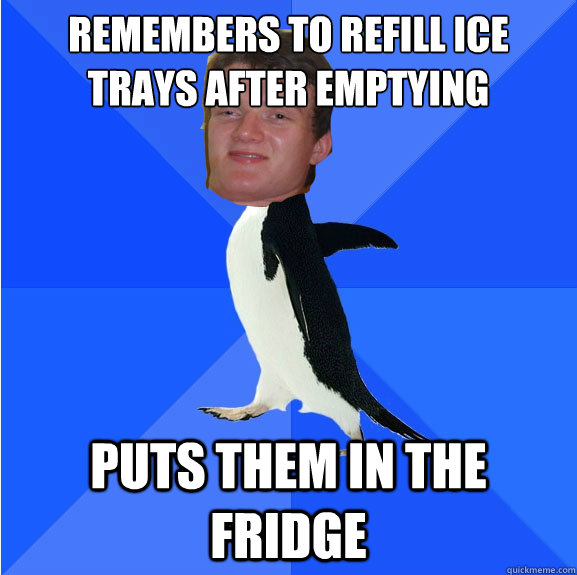 Remembers to refill ice trays after emptying Puts them in the fridge - Remembers to refill ice trays after emptying Puts them in the fridge  Socially Awkward 10 Guy