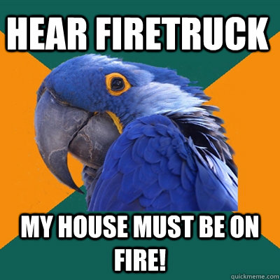 Hear firetruck        My house must be on fire!  Paranoid Parrot