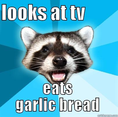 LOOKS AT TV          EATS GARLIC BREAD Lame Pun Coon