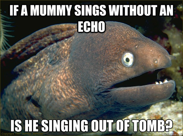 If a mummy sings without an echo is he singing out of tomb?
 - If a mummy sings without an echo is he singing out of tomb?
  Bad Joke Eel
