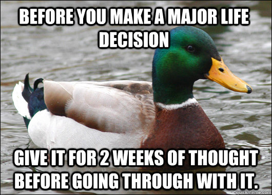 Before you make a major life decision give it for 2 weeks of thought before going through with it.    Actual Advice Mallard