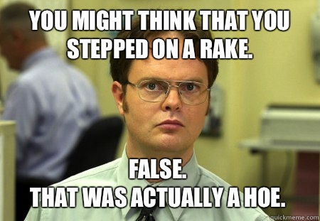 You might think that you stepped on a rake. False.
That was actually a hoe.  Dwight