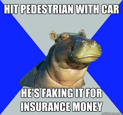 Hit pedestrian with car he's faking it for insurance money  Skeptical Hippo