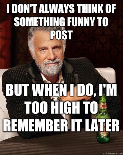 I don't always think of something funny to post But when I do, I'm too high to remember it later   The Most Interesting Man In The World