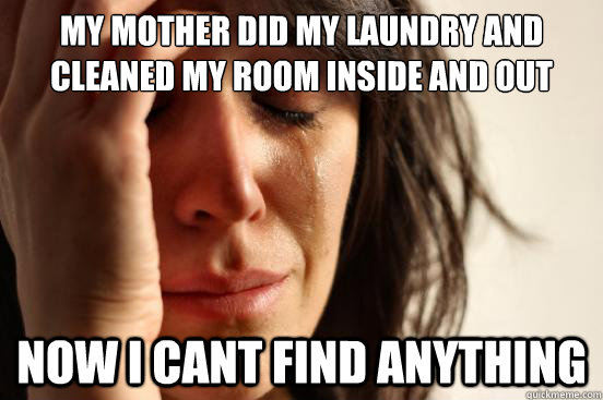 my mother did my laundry and cleaned my room inside and out now i cant find anything  First World Problems