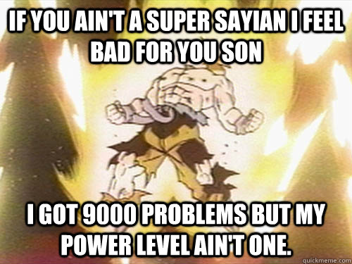 If you ain't a Super Sayian I Feel Bad For You Son I got 9000 problems but my power level ain't one.  