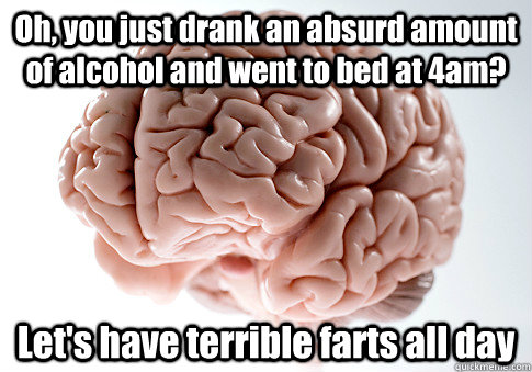 Oh, you just drank an absurd amount of alcohol and went to bed at 4am? Let's have terrible farts all day  Scumbag Brain