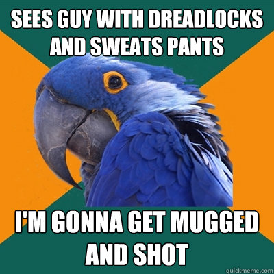 Sees guy with dreadlocks and sweats pants i'm gonna get mugged and shot  Paranoid Parrot