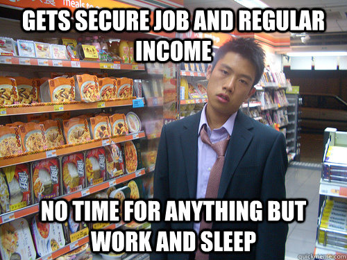 Gets secure job and regular income No time for anything but work and sleep  Disenchanted Young Professional