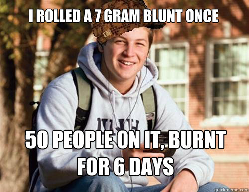 I rolled a 7 gram blunt once 50 people on it, burnt for 6 days  College Freshman