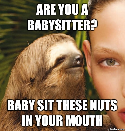 Are you a babysitter? Baby sit these nuts in your mouth  rape sloth