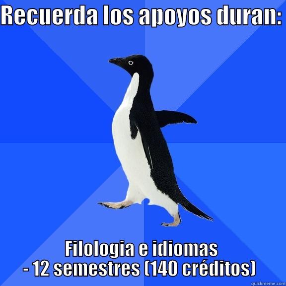 duracion de los apoyos - RECUERDA LOS APOYOS DURAN:  FILOLOGIA E IDIOMAS - 12 SEMESTRES (140 CRÉDITOS)  Socially Awkward Penguin