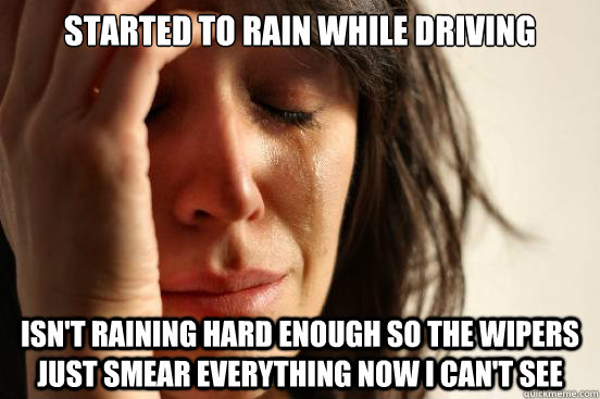 started to rain while driving isn't raining hard enough so the wipers just smear everything now i can't see  First World Problems