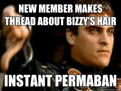 new member makes thread about bizzy's hair instant permaban  Downvoting Roman