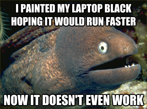 i painted my laptop black hoping it would run faster now it doesn't even work  Bad Joke Eel