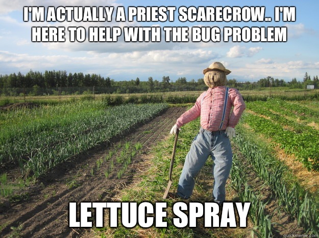 I'm actually a priest scarecrow.. I'm here to help with the bug problem Lettuce spray  Scarecrow