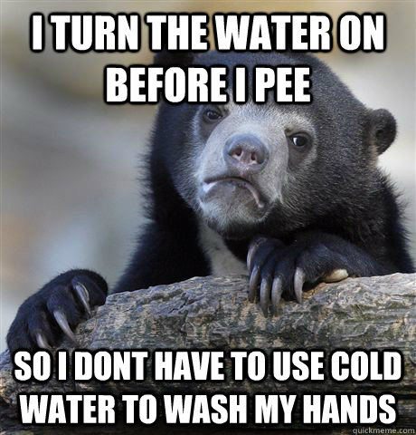 I turn the water on before I pee So I dont have to use cold water to wash my hands  Confession Bear
