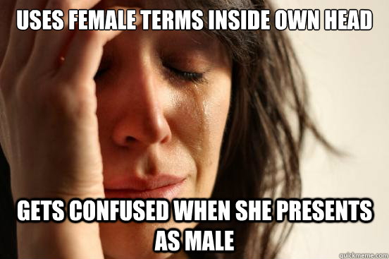 Uses female terms inside own head gets confused when she presents as male - Uses female terms inside own head gets confused when she presents as male  First World Problems