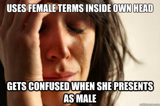 Uses female terms inside own head gets confused when she presents as male  First World Problems