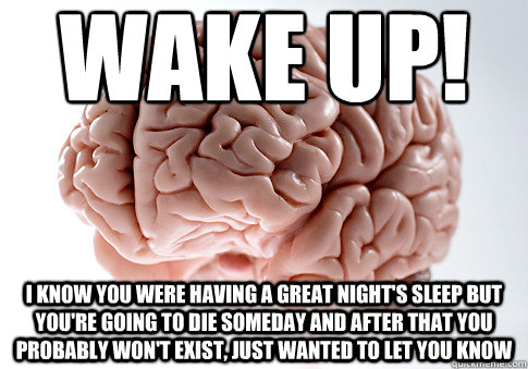 WAKE UP! I know you were having a great night's sleep but you're going to die someday and after that you probably won't exist, Just wanted to let you know  Scumbag Brain