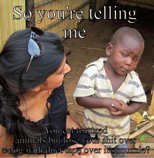 SO YOU'RE TELLING ME YOU EAT TORTURED ANIMALS BUT LOSE YOUR SHIT OVER A DOG WITH DUCT TAPE OVER IT'S MUZZLE? Skeptical Third World Kid