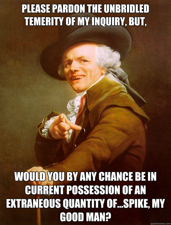 Please pardon the unbridled temerity of my inquiry, but, would you by any chance be in current possession of an extraneous quantity of...spike, my good man? - Please pardon the unbridled temerity of my inquiry, but, would you by any chance be in current possession of an extraneous quantity of...spike, my good man?  Joseph Ducreux