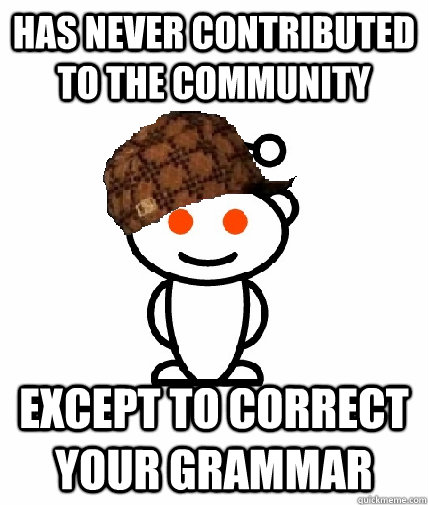 HAS NEVER CONTRIBUTED TO THE COMMUNITY EXCEPT TO CORRECT YOUR GRAMMAR  Scumbag Redditor
