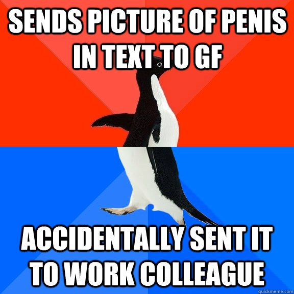sends picture of penis in text to gf accidentally sent it to work colleague  Socially Awesome Awkward Penguin